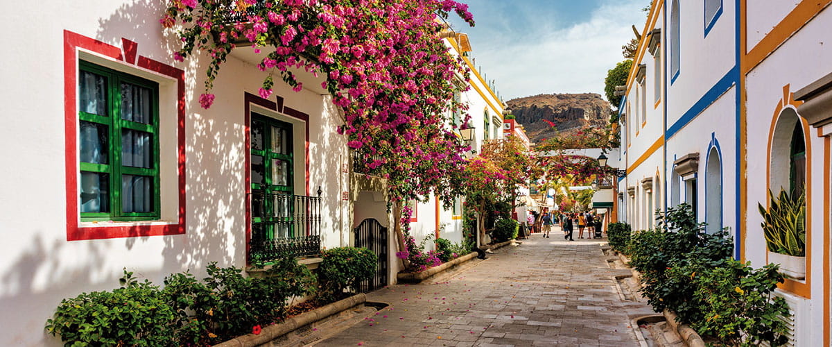 Street with blooming flowers in Puerto de Mogán